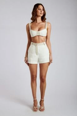 ROM Two Piece Sets Yalda Contrast Panel Linen Shorts - White