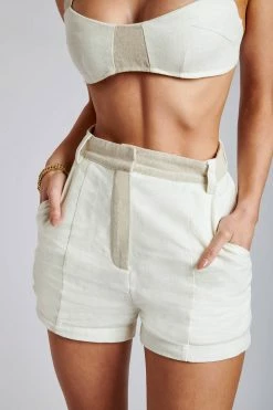 ROM Two Piece Sets Yalda Contrast Panel Linen Shorts - White