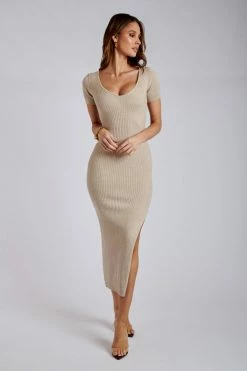 SOP Nina Short Sleeve Knit Midi Dress - Taupe DRESSES