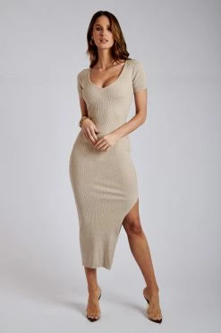 SOP Nina Short Sleeve Knit Midi Dress - Taupe DRESSES