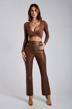 ROM Arsia Long Sleeve Deep V Binding Neckline Top - Chocolate