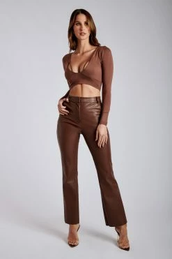 ROM Arsia Long Sleeve Deep V Binding Neckline Top - Chocolate