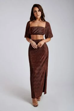 WNT Zarsa Pleated Satin Maxi Skirt - Chocolate All Bottoms 12 WNT Zarsa Pleated Satin Maxi Skirt - Chocolate All Bottoms
