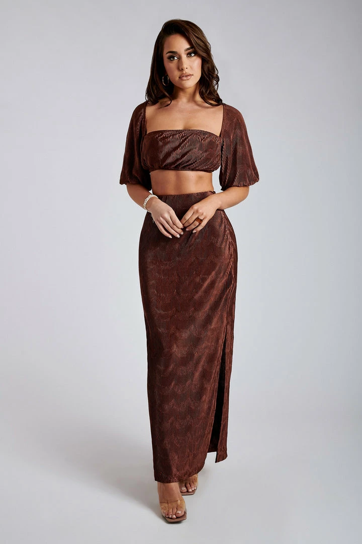 WNT Zarsa Pleated Satin Maxi Skirt - Chocolate All Bottoms 4 WNT Zarsa Pleated Satin Maxi Skirt - Chocolate All Bottoms