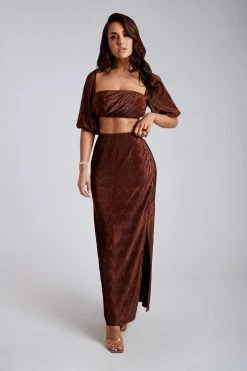 WNT Zarsa Pleated Satin Maxi Skirt - Chocolate All Bottoms 13 WNT Zarsa Pleated Satin Maxi Skirt - Chocolate All Bottoms