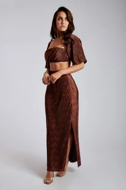 WNT Zarsa Pleated Satin Maxi Skirt - Chocolate All Bottoms 11 WNT Zarsa Pleated Satin Maxi Skirt - Chocolate All Bottoms