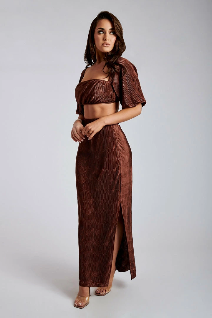 WNT Zarsa Pleated Satin Maxi Skirt - Chocolate All Bottoms 3 WNT Zarsa Pleated Satin Maxi Skirt - Chocolate All Bottoms
