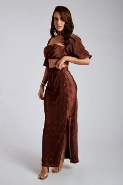 WNT Zarsa Pleated Satin Maxi Skirt - Chocolate All Bottoms 14 WNT Zarsa Pleated Satin Maxi Skirt - Chocolate All Bottoms