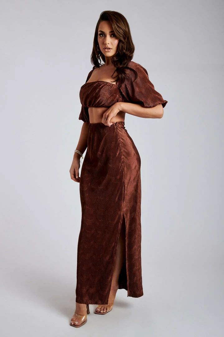 WNT Zarsa Pleated Satin Maxi Skirt - Chocolate All Bottoms 6 WNT Zarsa Pleated Satin Maxi Skirt - Chocolate All Bottoms
