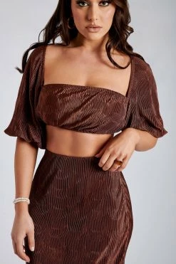 WNT Cyra Pleated Crop Sleeve Top- Chocolate