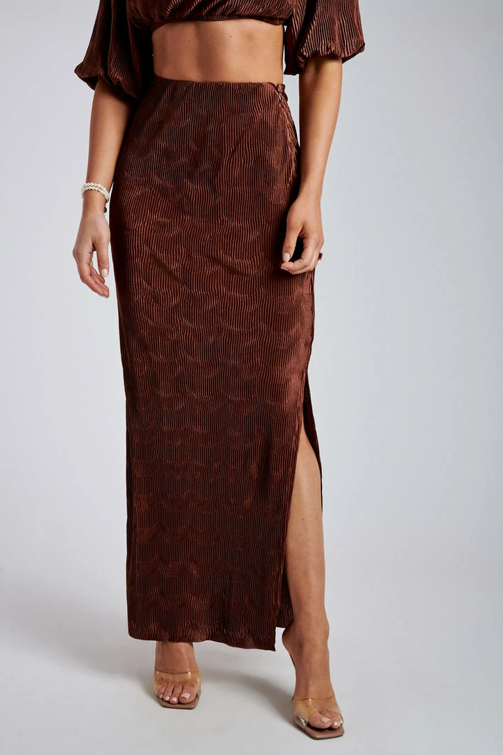 WNT Zarsa Pleated Satin Maxi Skirt - Chocolate All Bottoms 1 WNT Zarsa Pleated Satin Maxi Skirt - Chocolate All Bottoms