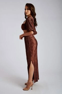 WNT Zarsa Pleated Satin Maxi Skirt - Chocolate All Bottoms 16 WNT Zarsa Pleated Satin Maxi Skirt - Chocolate All Bottoms