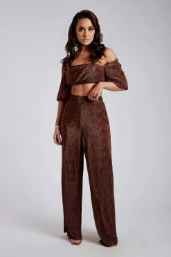 WNT Cyra Pleated Crop Sleeve Top- Chocolate