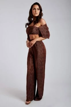 WNT Cyra Pleated Crop Sleeve Top- Chocolate