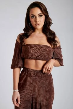 WNT Cyra Pleated Crop Sleeve Top- Chocolate