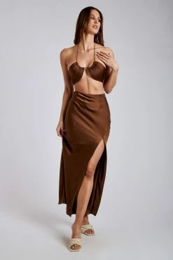 ROM Kimia Satin Ruched Tie Crop Top - Chocolate Two Piece Sets