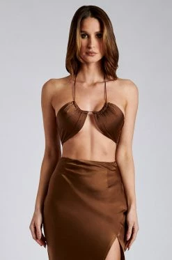 ROM Kimia Satin Ruched Tie Crop Top - Chocolate Two Piece Sets