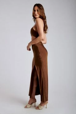ROM Kimia Satin Ruched Tie Crop Top - Chocolate Two Piece Sets