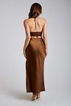 ROM Kimia Satin Ruched Tie Crop Top - Chocolate Two Piece Sets