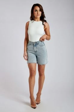 EMS All Bottoms Kirra Raw Hem Longline Rigid Boyfriend Shorts - Light Blue