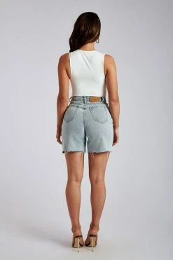 EMS All Bottoms Kirra Raw Hem Longline Rigid Boyfriend Shorts - Light Blue