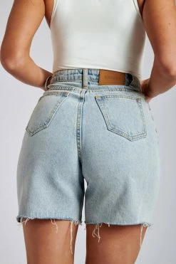 EMS All Bottoms Kirra Raw Hem Longline Rigid Boyfriend Shorts - Light Blue