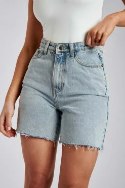 EMS All Bottoms Kirra Raw Hem Longline Rigid Boyfriend Shorts - Light Blue
