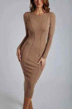 ROM DRESSES Anahita Seam Detail Midi Dress - Mocha