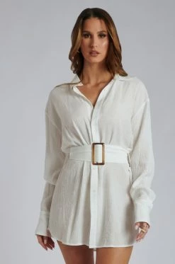 WNT Avaleigh Ring Detail Oversized Crinkle Dress - White DRESSES