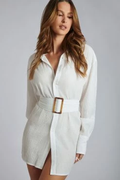 WNT Avaleigh Ring Detail Oversized Crinkle Dress - White DRESSES