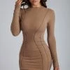 ROM Anita Long Sleeve Mini Dress With Crinkle Seams - Mocha
