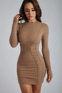 ROM Anita Long Sleeve Mini Dress With Crinkle Seams - Mocha