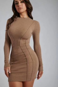 ROM Anita Long Sleeve Mini Dress With Crinkle Seams - Mocha