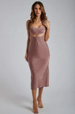 ROM DRESSES Ava Satin Cut Out Midi Dress - Nutmeg