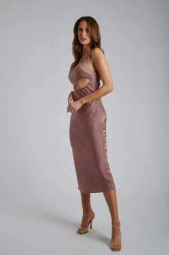 ROM DRESSES Ava Satin Cut Out Midi Dress - Nutmeg 16 ROM DRESSES Ava Satin Cut Out Midi Dress - Nutmeg