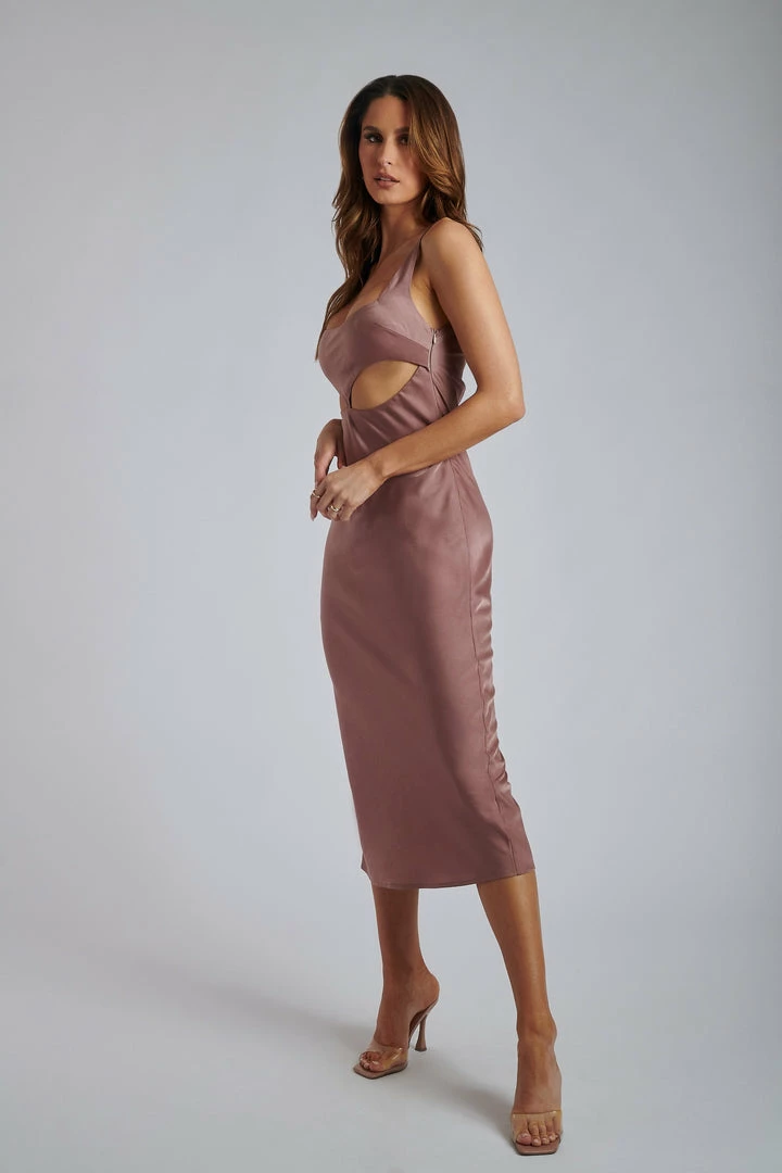 ROM DRESSES Ava Satin Cut Out Midi Dress - Nutmeg 8 ROM DRESSES Ava Satin Cut Out Midi Dress - Nutmeg