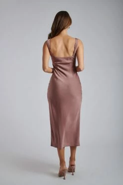 ROM DRESSES Ava Satin Cut Out Midi Dress - Nutmeg