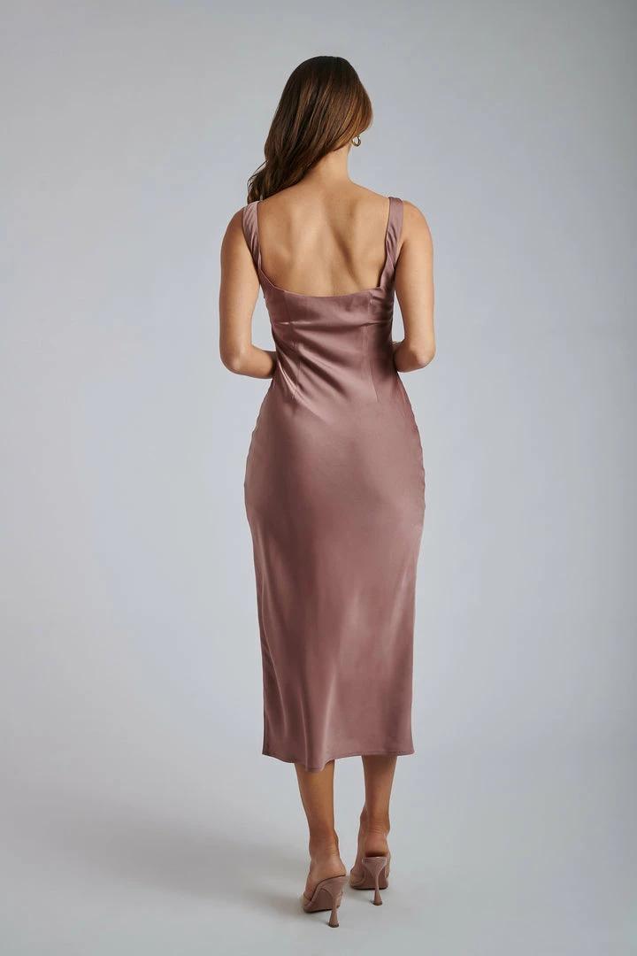 ROM DRESSES Ava Satin Cut Out Midi Dress - Nutmeg 2 ROM DRESSES Ava Satin Cut Out Midi Dress - Nutmeg