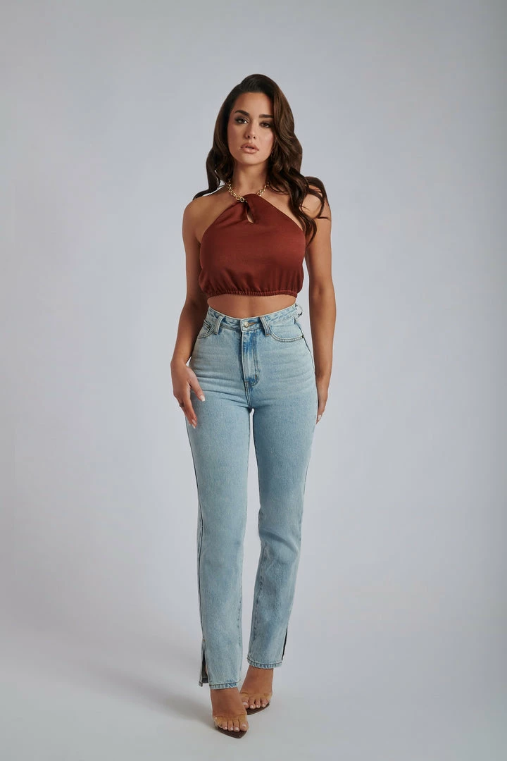 WNT Esta Chain Halter Twist Crop - Chocolate All Tops 3 WNT Esta Chain Halter Twist Crop - Chocolate All Tops