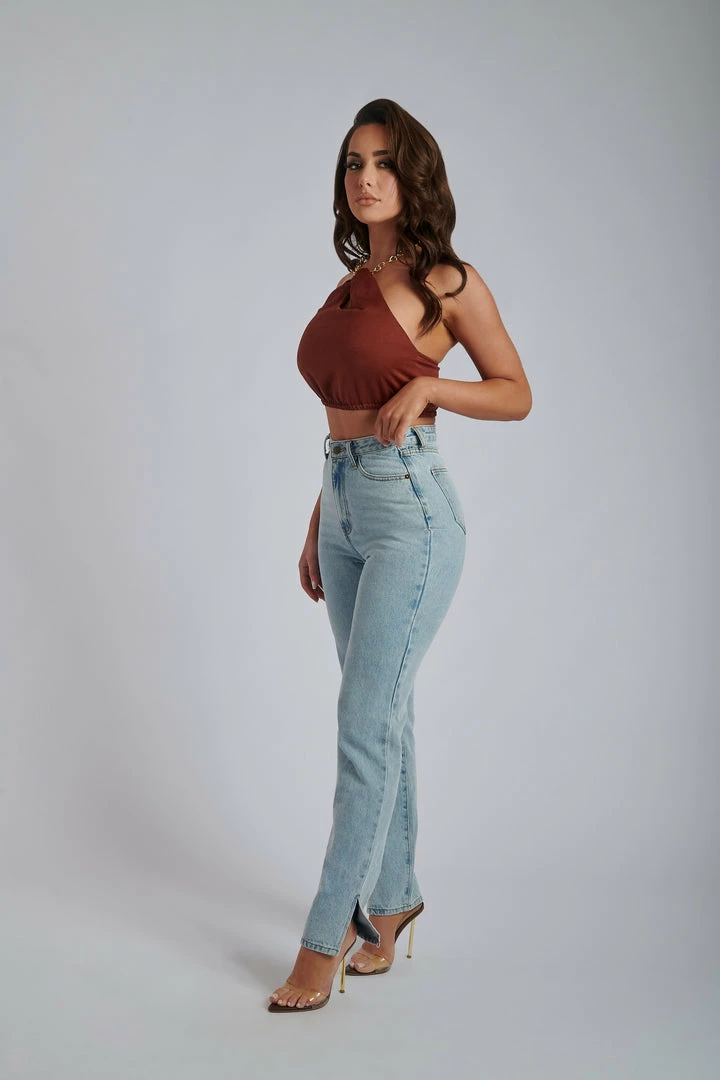 WNT Esta Chain Halter Twist Crop - Chocolate All Tops 5 WNT Esta Chain Halter Twist Crop - Chocolate All Tops