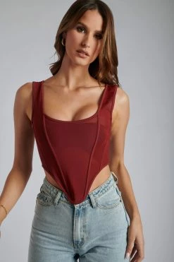 FTH All Tops Azar Mesh Corset With Binding - Wine