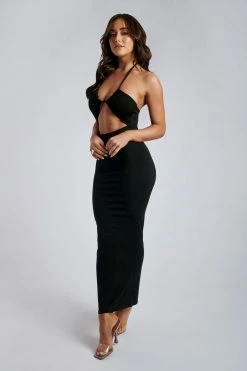 ROM Maddie Ribbed Drawstring Midi Dress - Black DRESSES