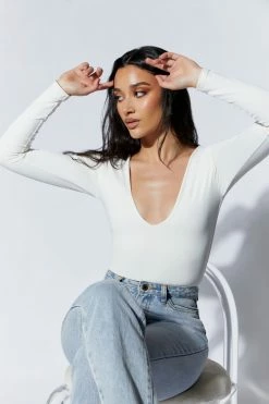 WXI Nia Long Sleeve V Neck Bodysuit - White