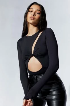 WXI Nadine Twist Front Cut Out Bodysuit - Black All Tops