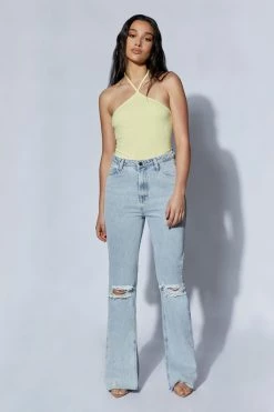 ROM Arden Halter Neck Ribbed Bodysuit - Yellow All Tops