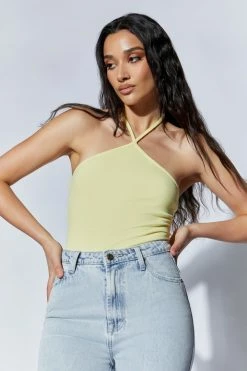 ROM Arden Halter Neck Ribbed Bodysuit - Yellow All Tops