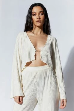 WNT Two Piece Sets Mehru Crinkle Flare Sleeve Top With Hardware - Wheat