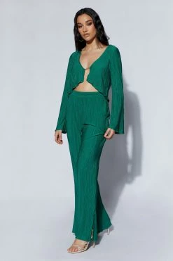 WNT Two Piece Sets Mehru Crinkle Flare Sleeve Top With Hardware - Emerald