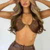 ROM Kimia Satin Ruched Tie Crop Top - Chocolate Two Piece Sets
