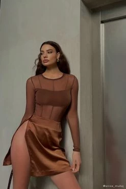 GZH All Tops Tarna Long Sleeve Mesh Bodysuit - Chocolate